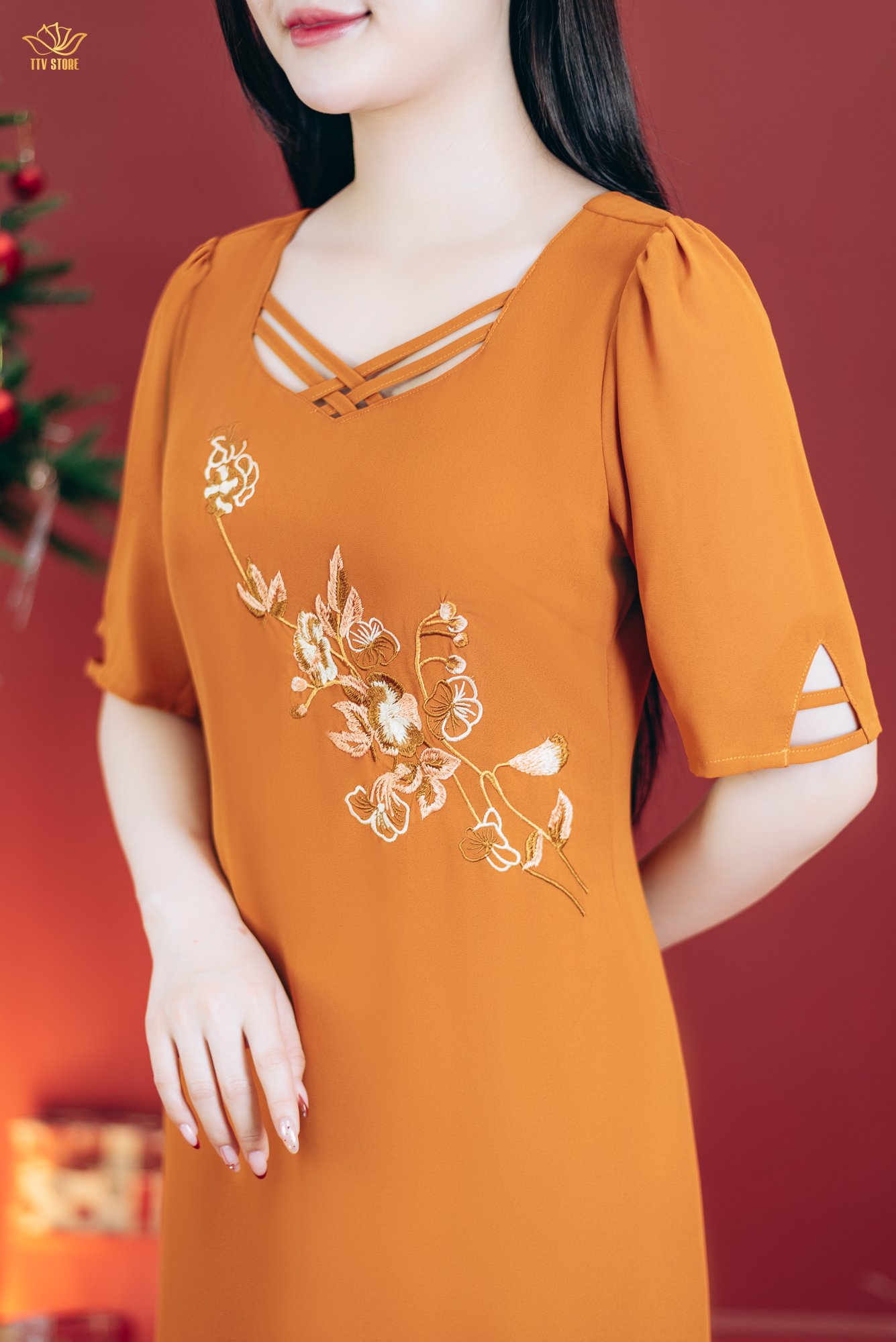 Đầm suông - Cổ vuông tim đan dây thêu hoa tay lỡ - CD - Cam đất - TTV1808