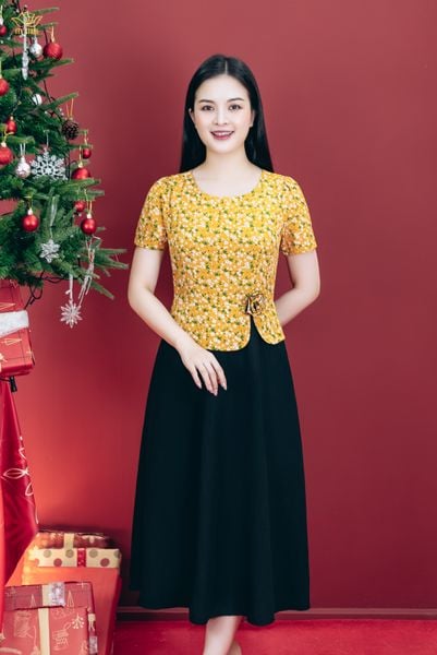 Đầm xòe - Cổ tròn tay ngắn - CD - Vàng hoa nhí - TTV1801#