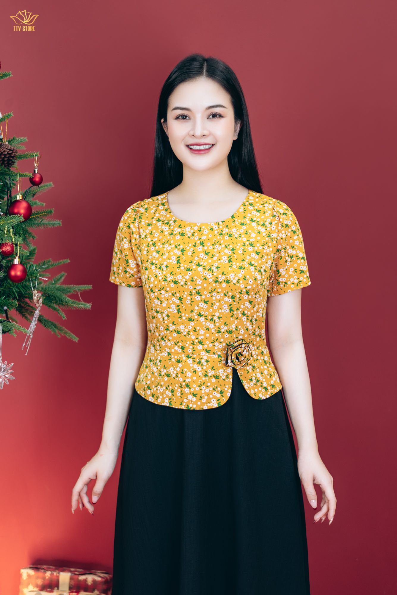 Đầm xòe - Cổ tròn tay ngắn - CD - Vàng hoa nhí - TTV1801#