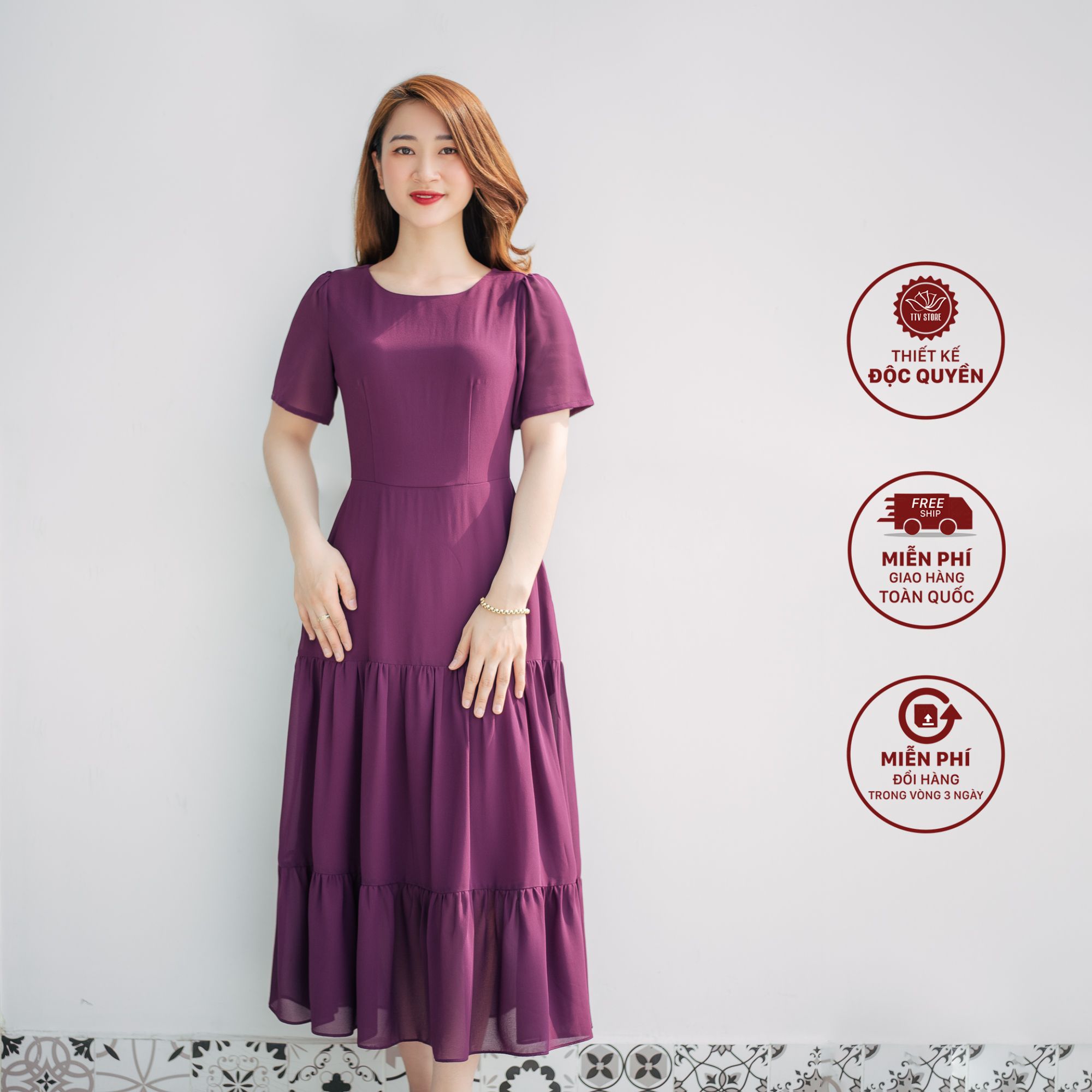 Đầm maxi - Cổ tròn tay ngắn - CD - Tím huế - TTV935