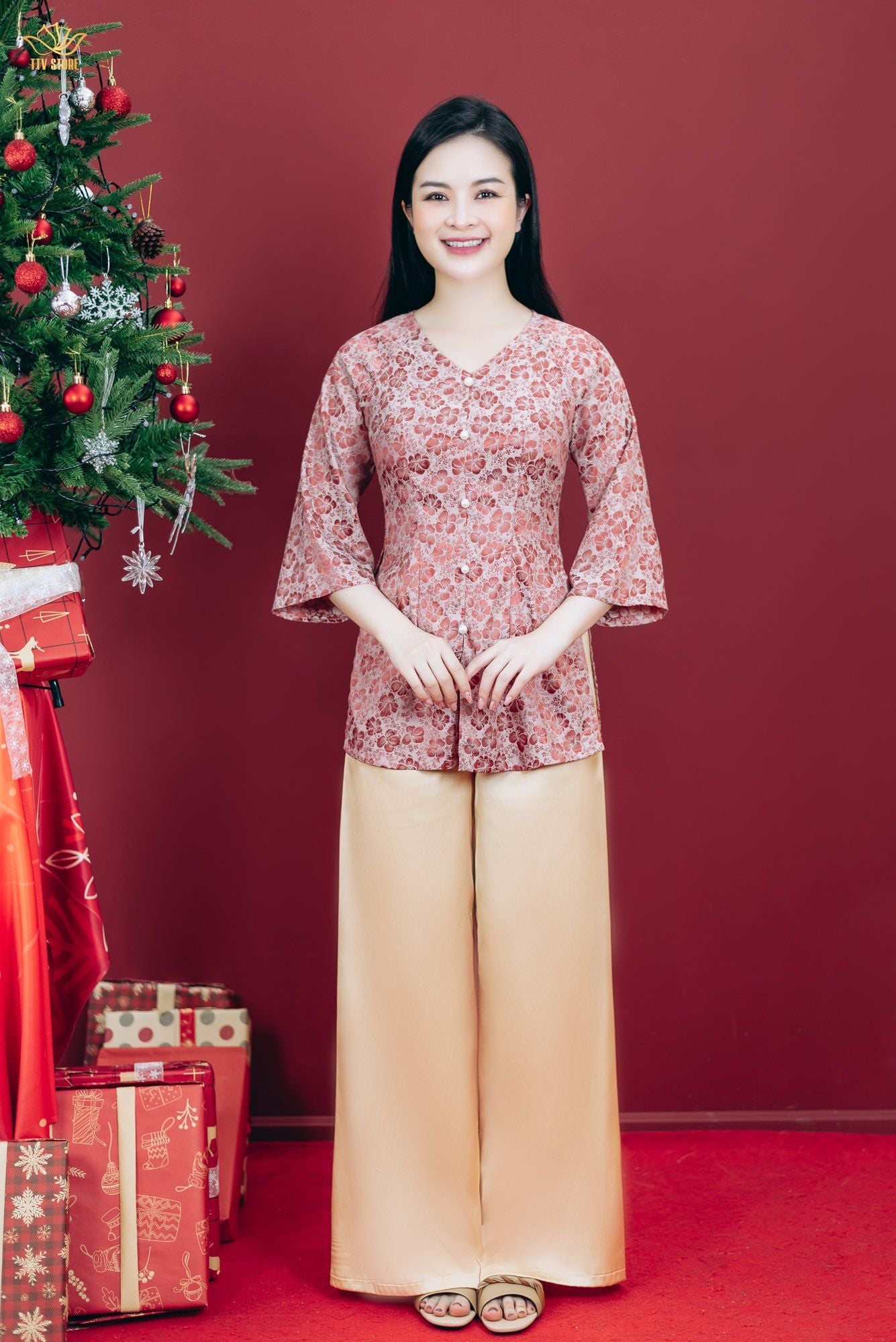 Áo bà ba - Cổ tim kết ngọc tay lỡ - CT - Hồng ruốc - TTV1800