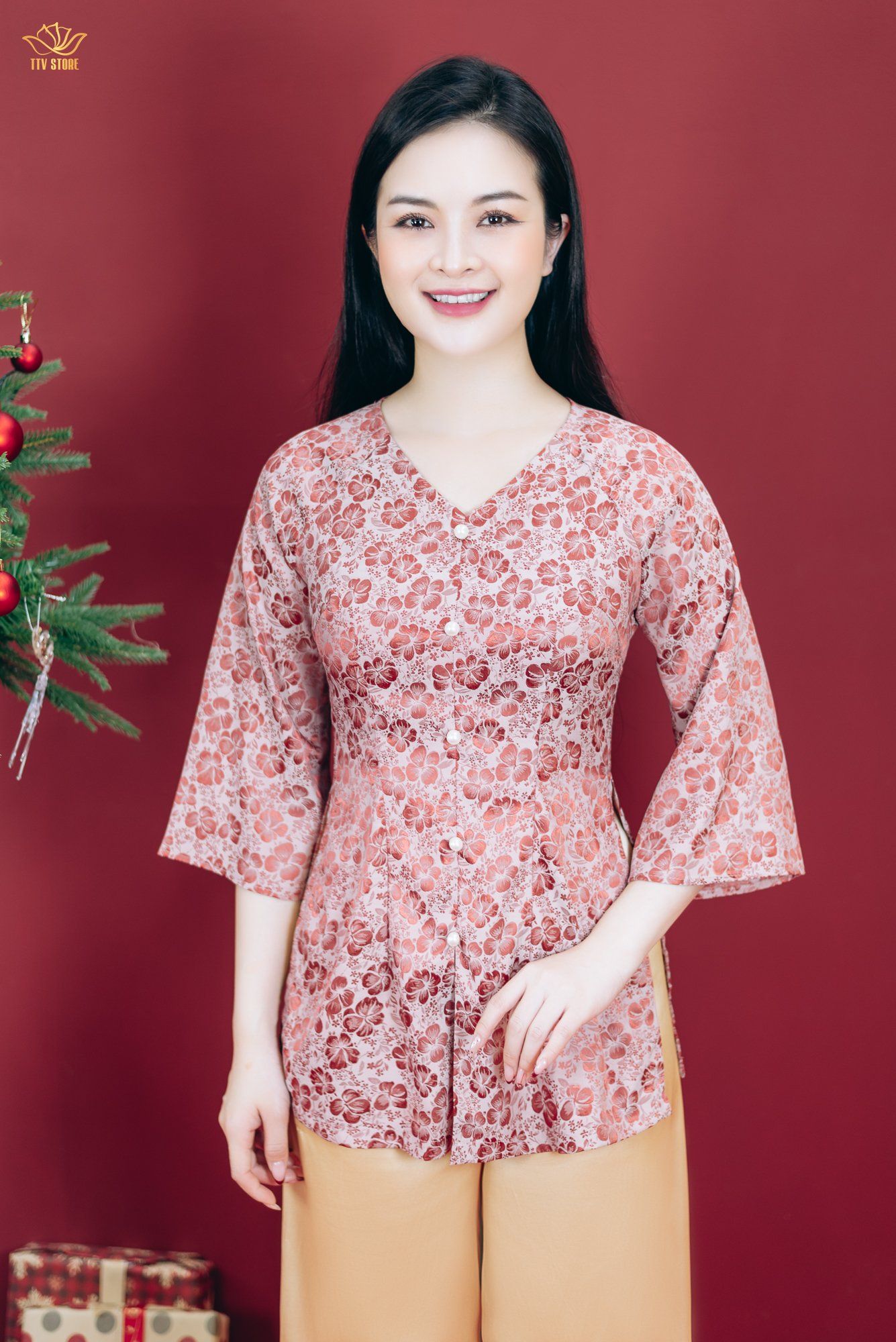 Áo bà ba - Cổ tim kết ngọc tay lỡ - CT - Hồng ruốc - TTV1800