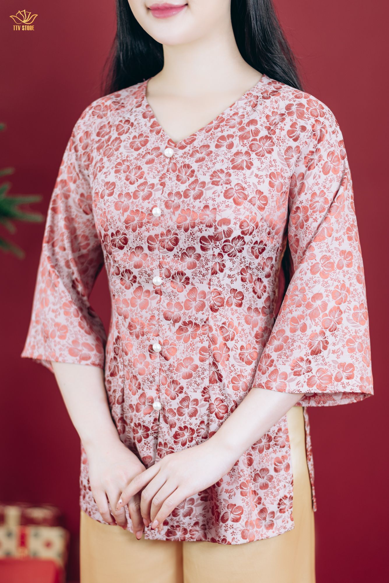 Áo bà ba - Cổ tim kết ngọc tay lỡ - CT - Hồng ruốc - TTV1800