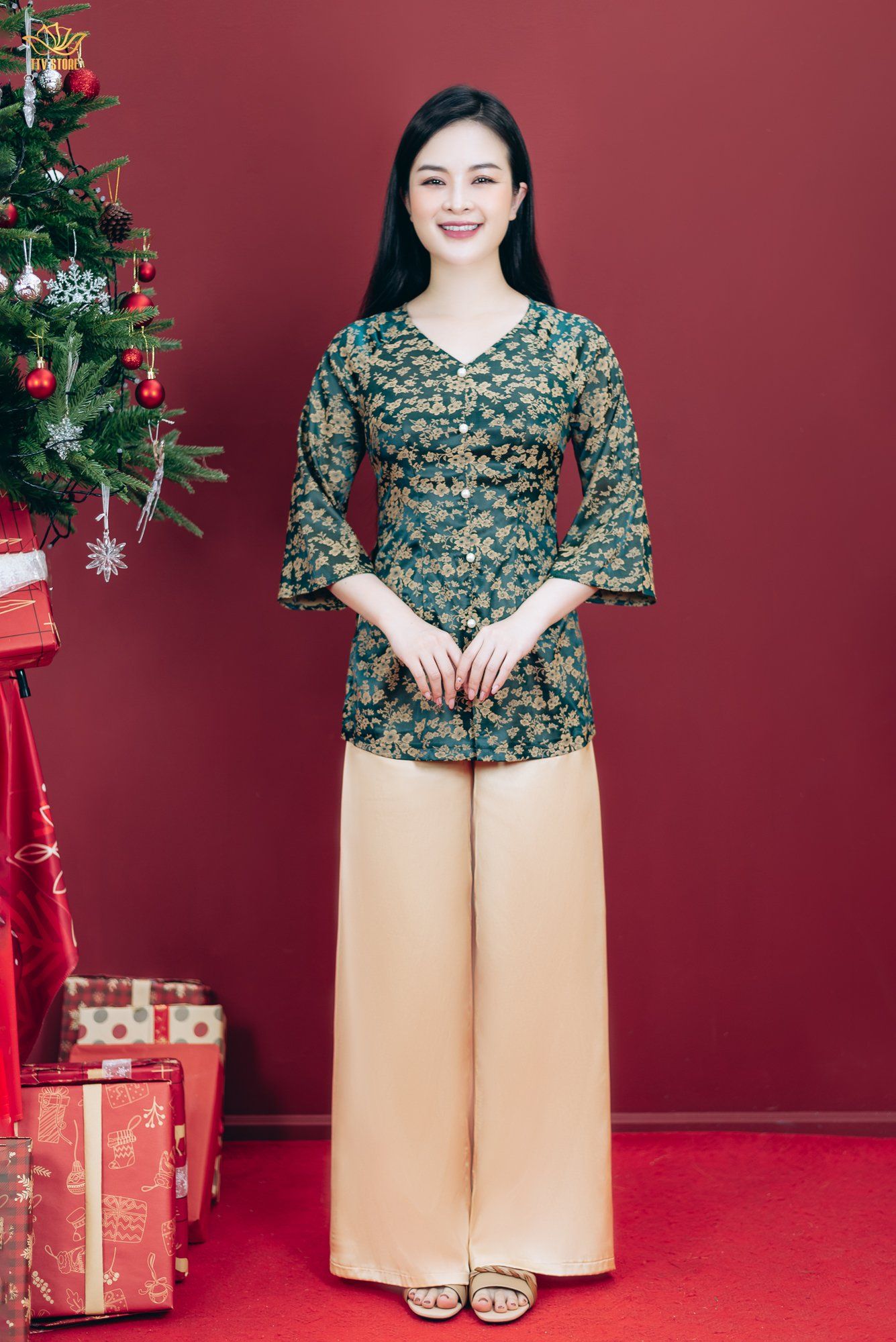 Áo bà ba - Cổ tim kết ngọc tay lỡ - CT - Xanh rêu - TTV1800