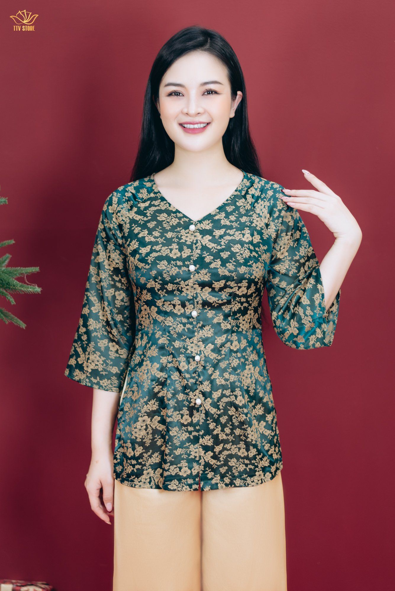 Áo bà ba - Cổ tim kết ngọc tay lỡ - CT - Xanh rêu - TTV1800