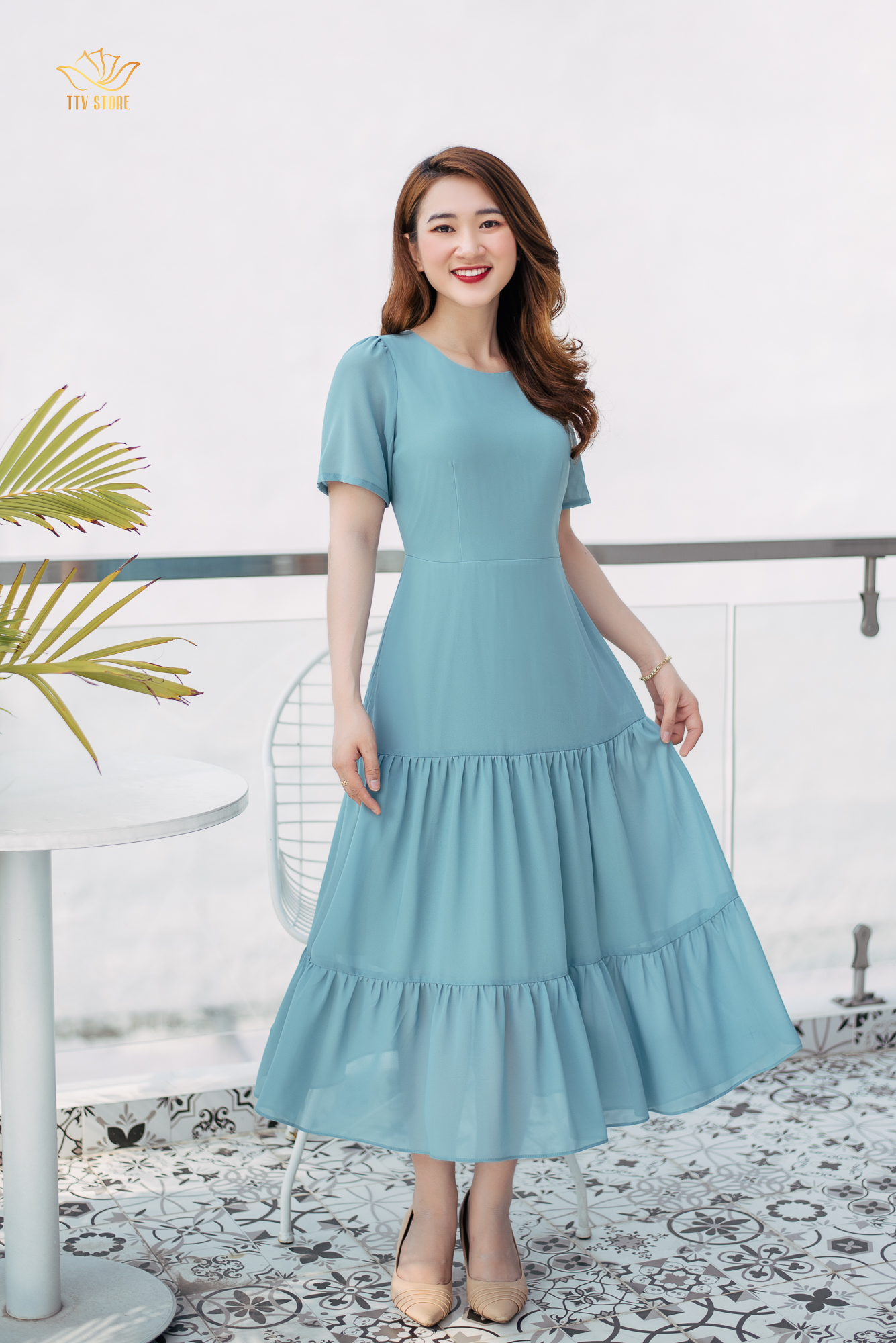 Đầm maxi - Cổ tròn tay ngắn - CD - Xanh ngọc - TTV935
