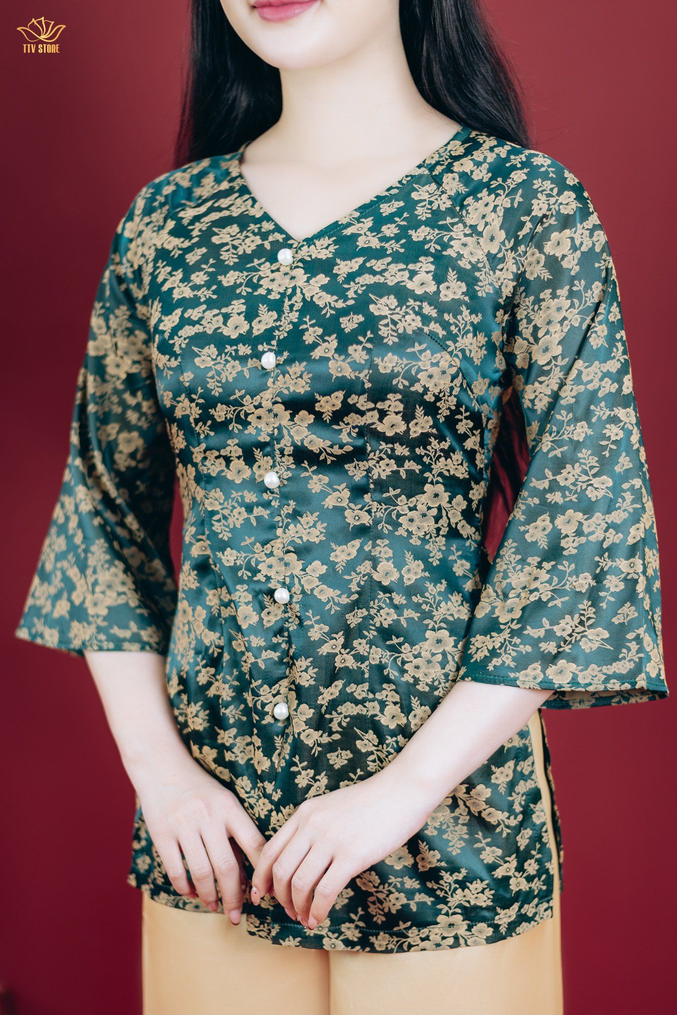 Áo bà ba - Cổ tim kết ngọc tay lỡ - CT - Xanh rêu - TTV1800