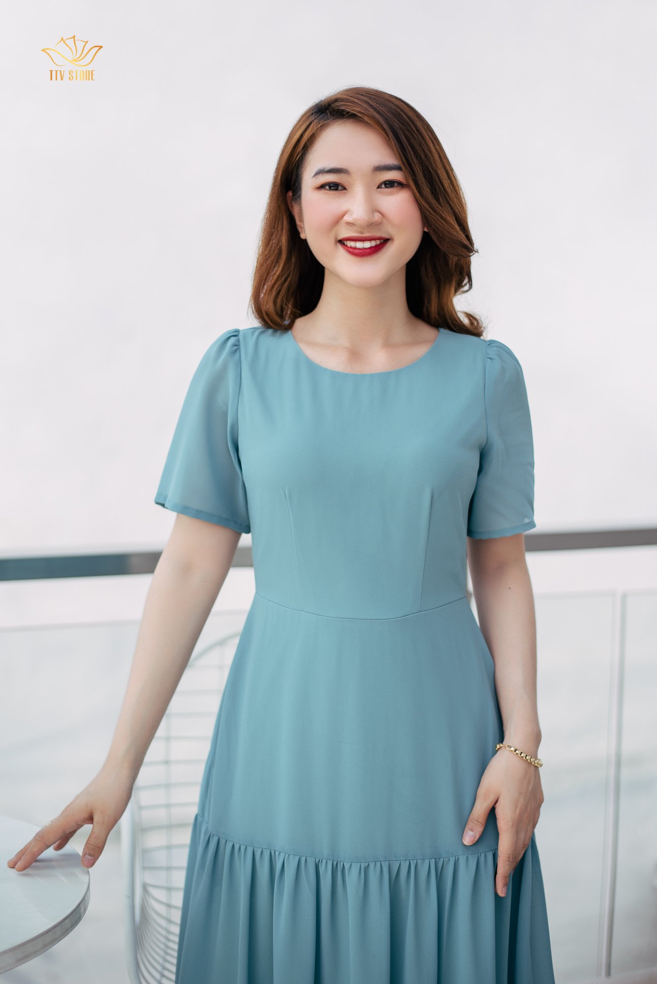 Đầm maxi - Cổ tròn tay ngắn - CD - Xanh ngọc - TTV935
