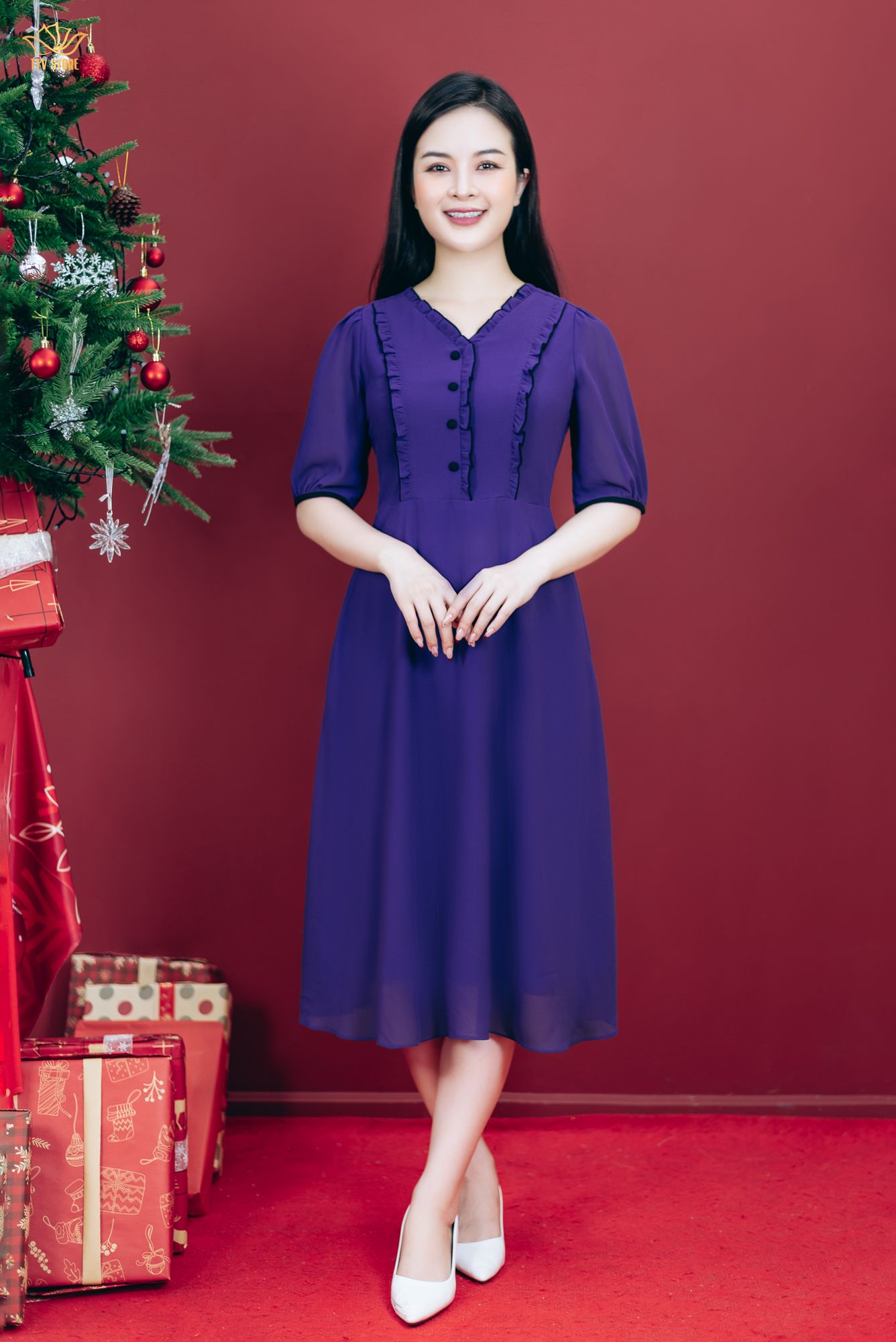 Đầm xòe - Cổ tim bèo kết nút tay ngắn - CQ - Tím huế - TTV1795