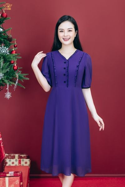 Đầm xòe - Cổ tim bèo kết nút tay ngắn - CQ - Tím huế - TTV1795