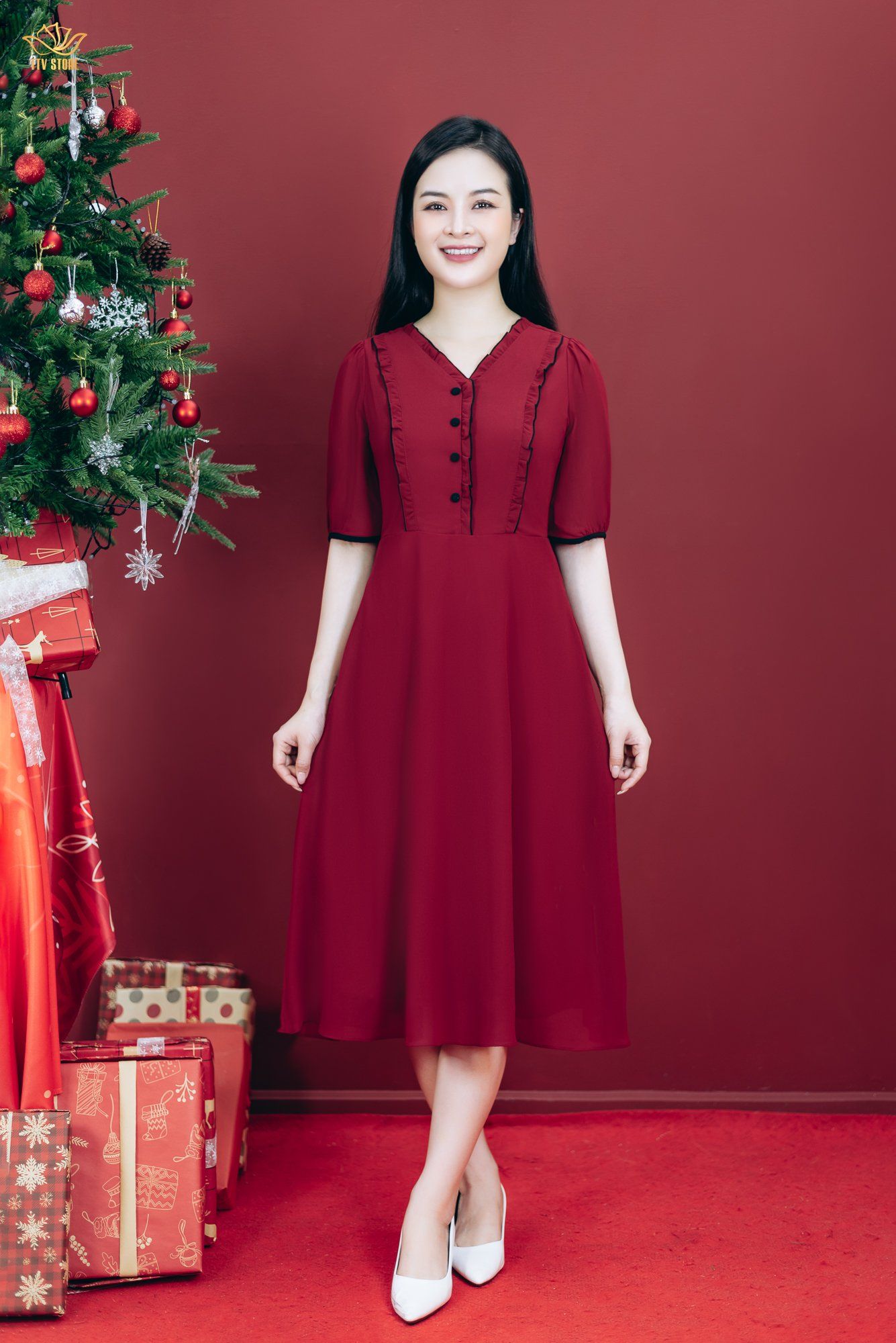 Đầm xòe - Cổ tim bèo kết nút tay ngắn - CQ - Đỏ đô - TTV1795