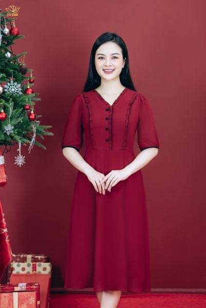 Đầm xòe - Cổ tim bèo kết nút tay ngắn - CQ - Đỏ đô - TTV1795