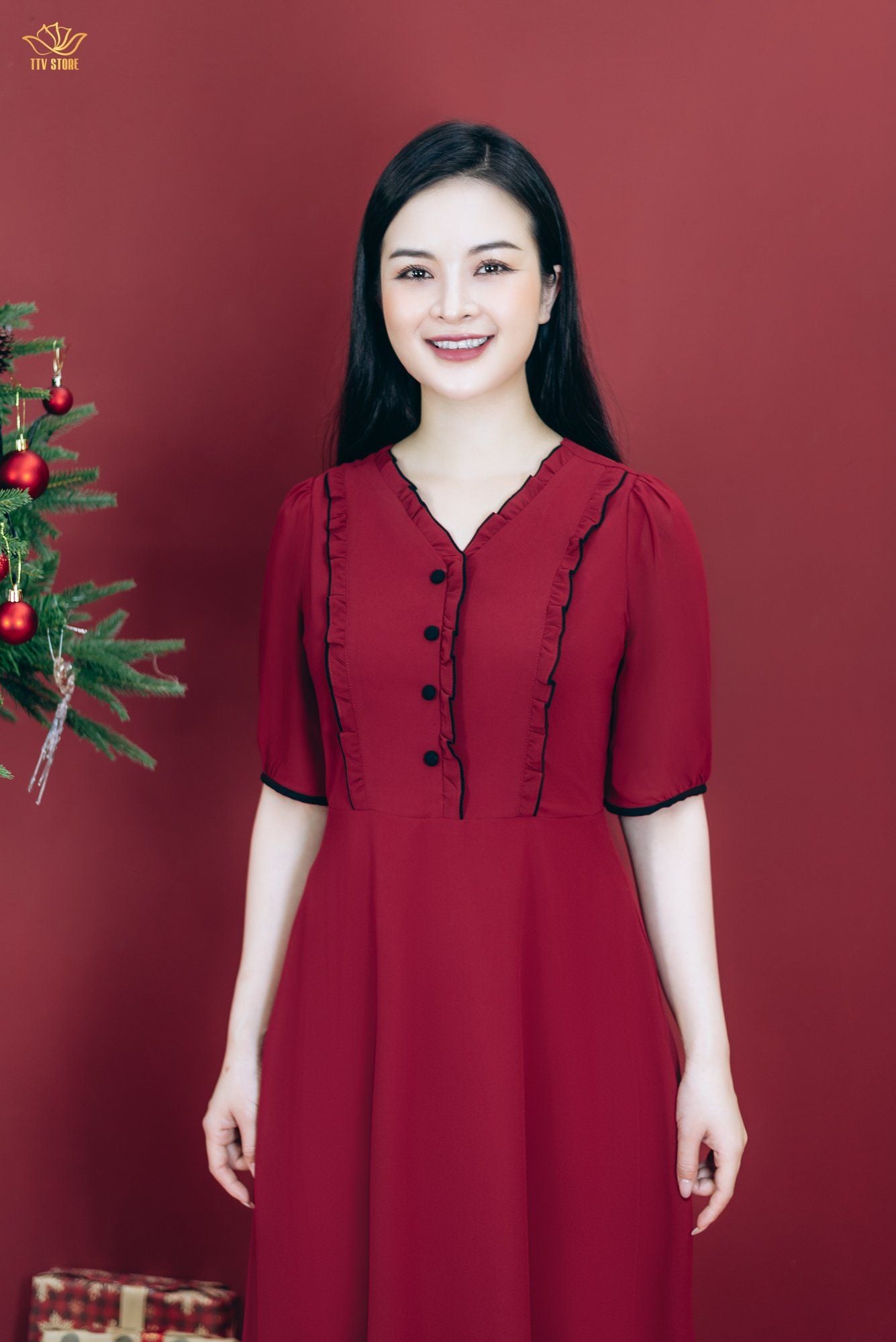 Đầm xòe - Cổ tim bèo kết nút tay ngắn - CQ - Đỏ đô - TTV1795