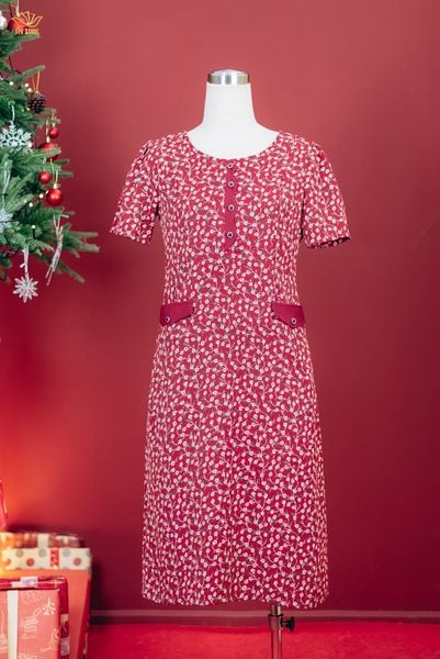 Đầm suông - Cổ tròn kết nút tay ngắn - AH - Đỏ hoa nhí - TTV1827