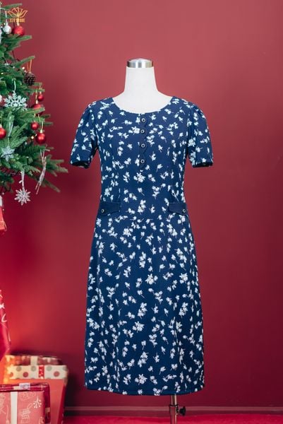 Đầm suông - Cổ tròn kết nút tay ngắn - AH - Xanh hoa trắng - TTV1827