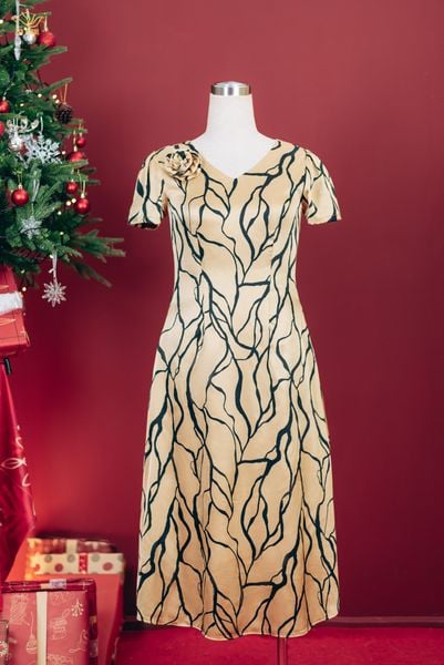 Đầm xòe A - Cổ tim tay ngắn - CT - Da họa tiết - TTV1825#