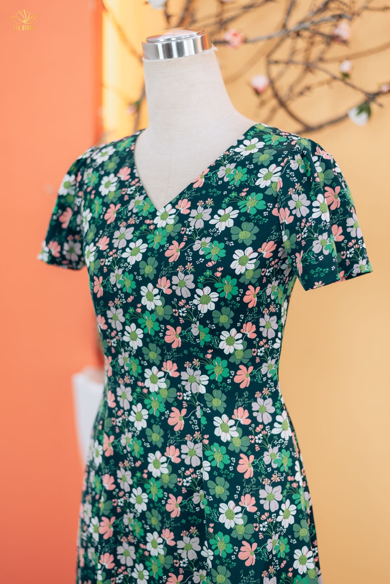 Đầm xòe 8 mảnh - Cổ tim tay ngắn - CT - Xanh hoa - TTV1835