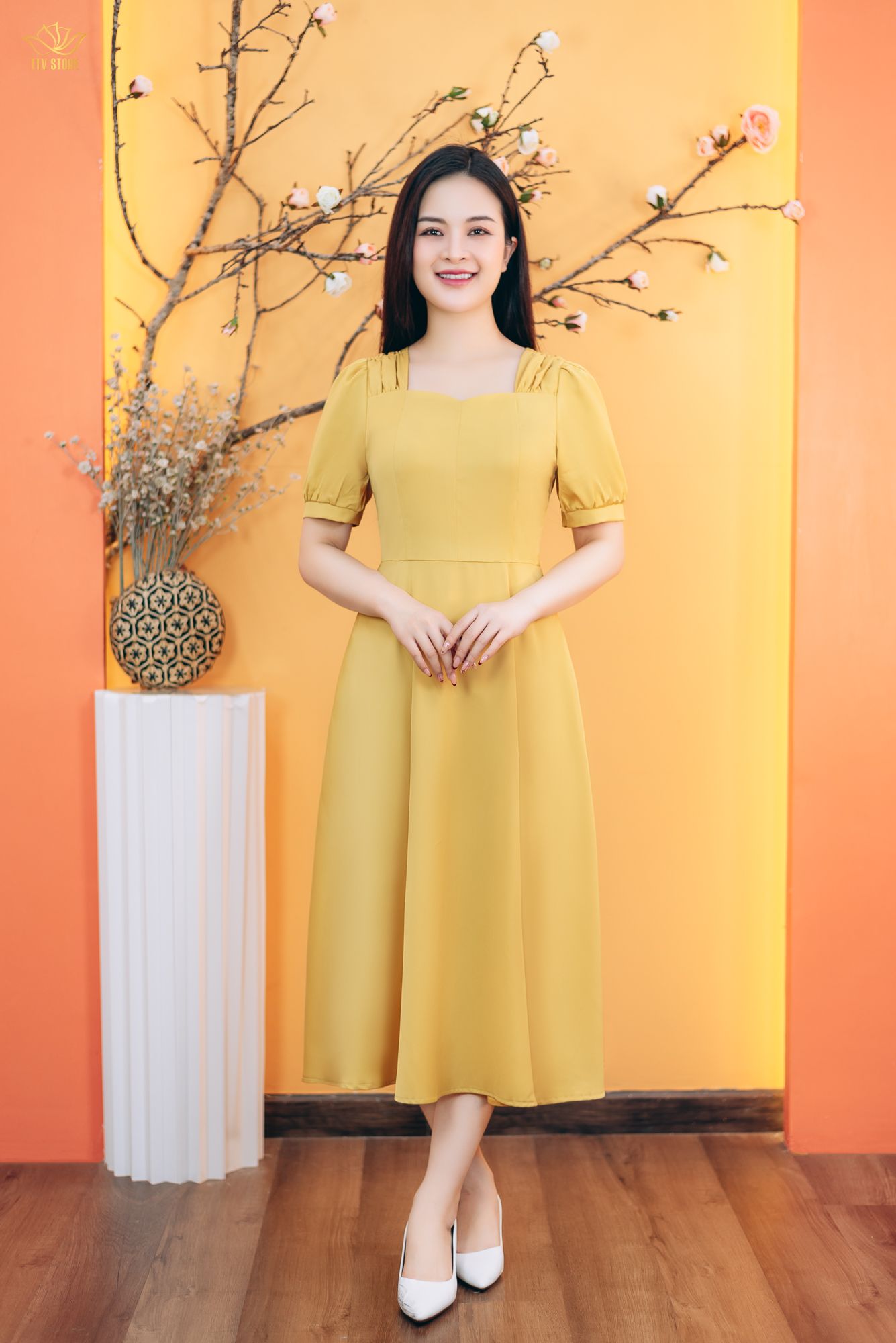 Đầm xòe - Cổ vuông tim nhúng tay ngắn - AH - Vàng - TTV1773#