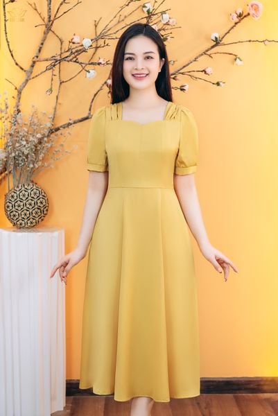 Đầm xòe - Cổ vuông tim nhúng tay ngắn - AH - Vàng - TTV1773#