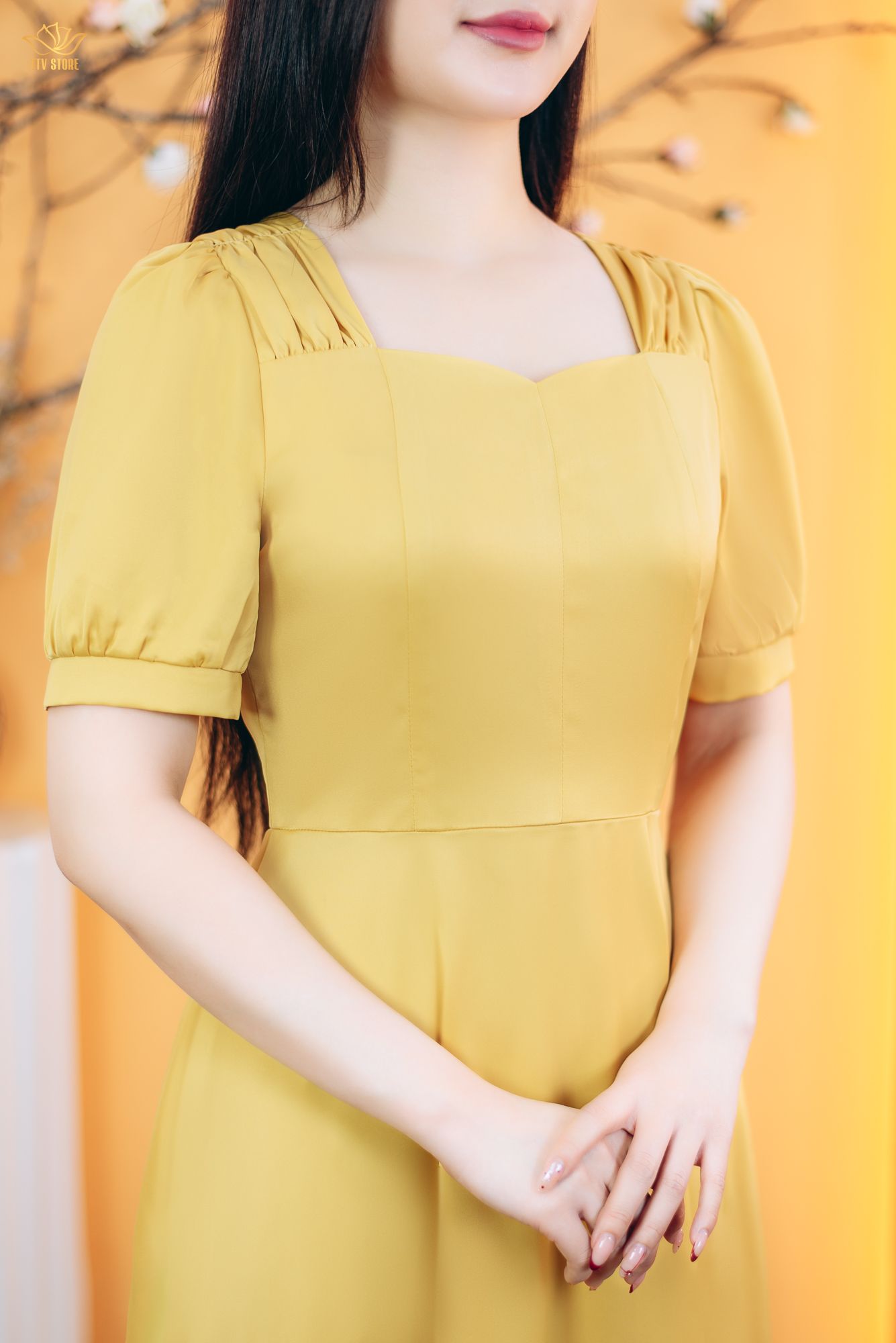 Đầm xòe - Cổ vuông tim nhúng tay ngắn - AH - Vàng - TTV1773#