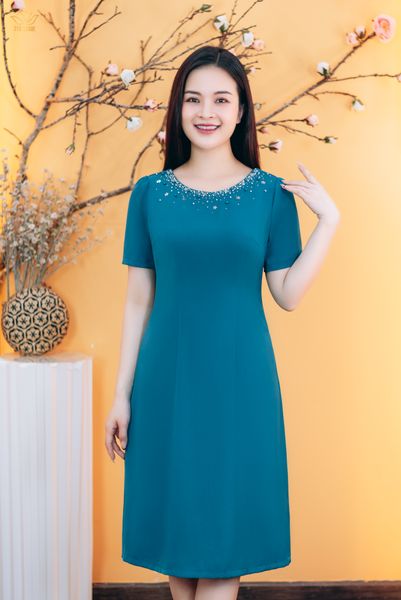 Đầm suông - Cổ tròn đính cườm ngọc tay ngắn - CD - Xanh - TTV1813