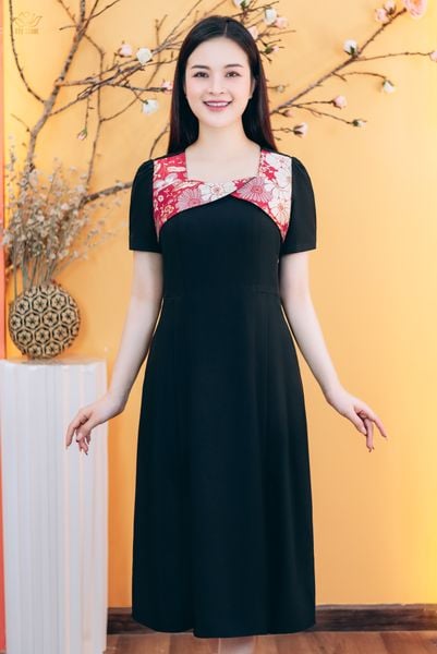 Đầm xòe - Cổ vuông tim tay ngắn - CT - Đen - TTV1824