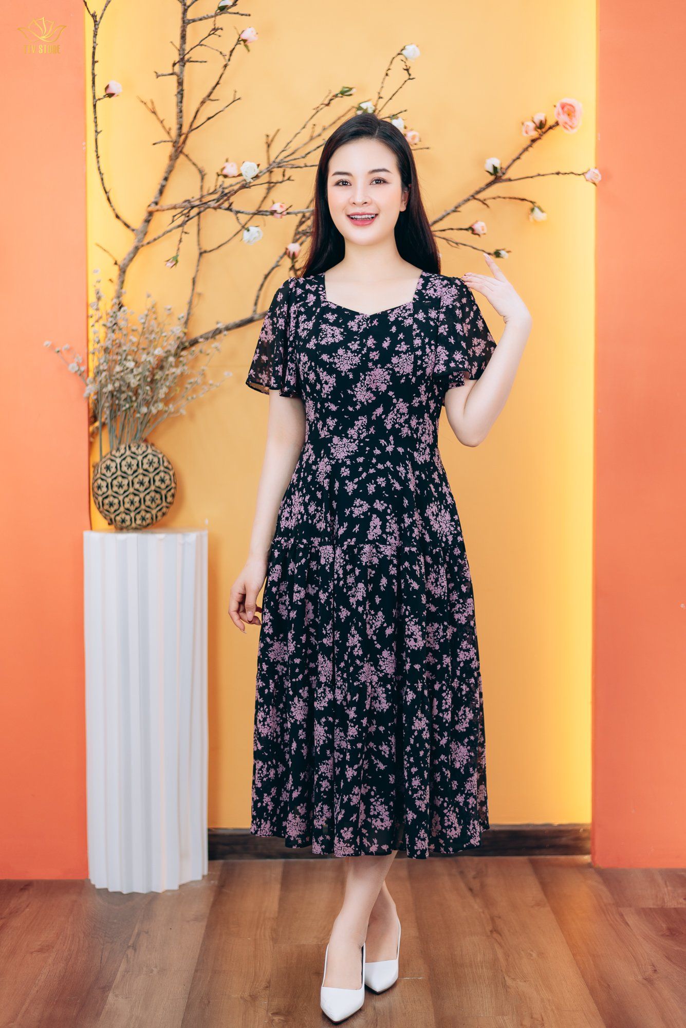 Đầm maxi - Cổ vuông tim tay loe - CD - Đen hoa tím - TTV1826