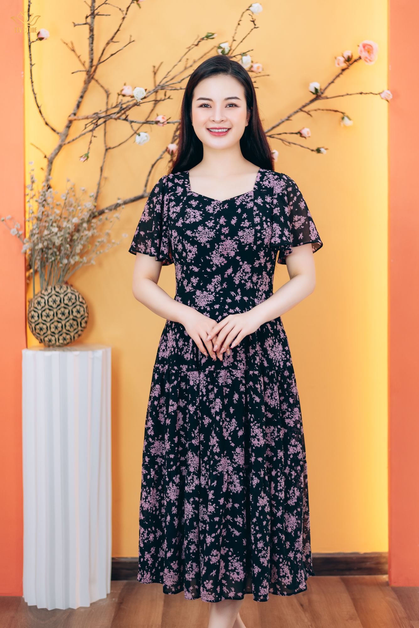 Đầm maxi - Cổ vuông tim tay loe - CD - Đen hoa tím - TTV1826