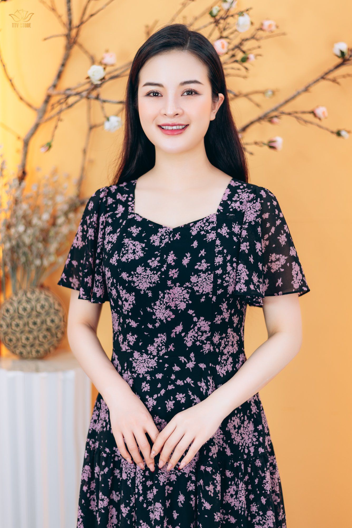 Đầm maxi - Cổ vuông tim tay loe - CD - Đen hoa tím - TTV1826