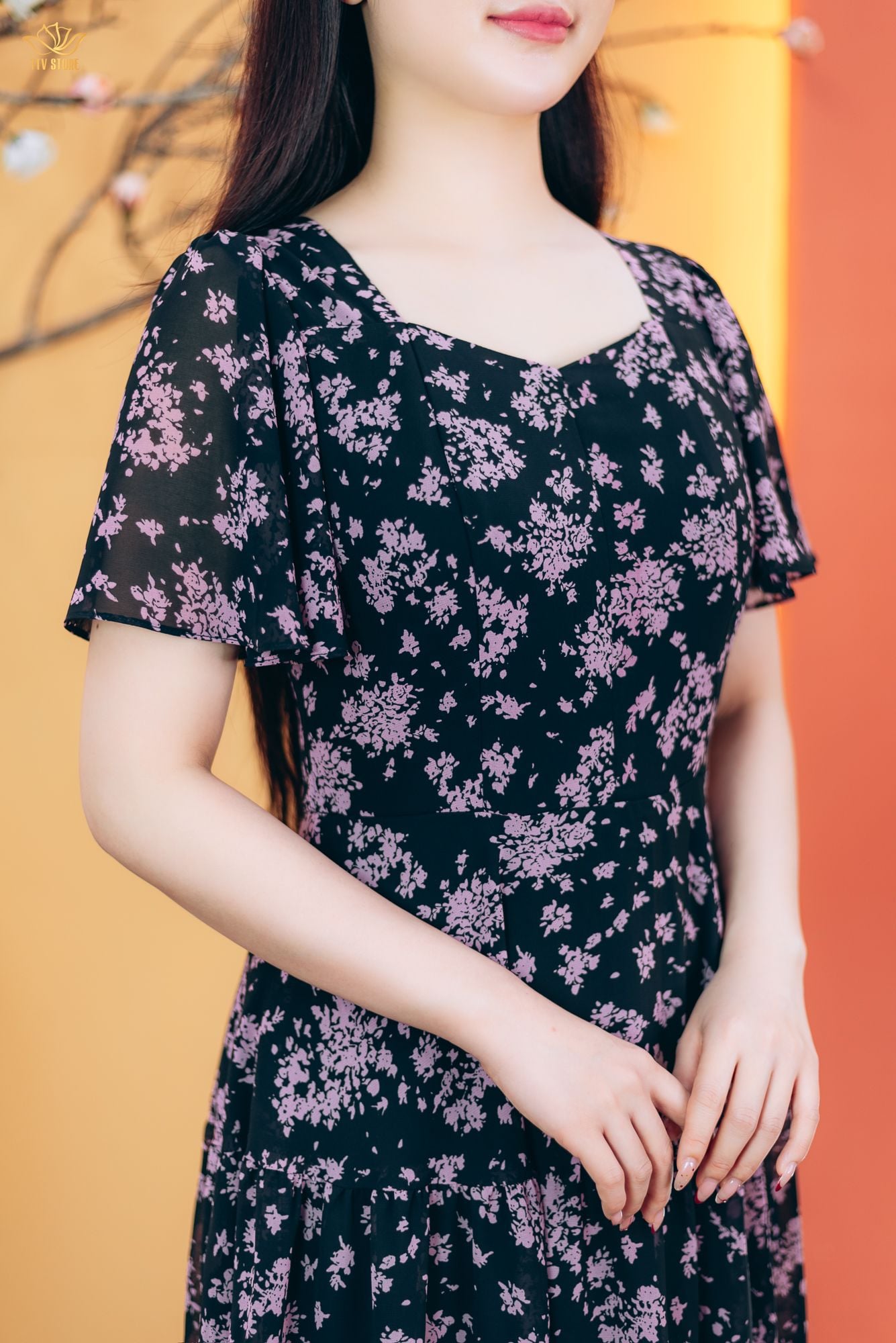 Đầm maxi - Cổ vuông tim tay loe - CD - Đen hoa tím - TTV1826