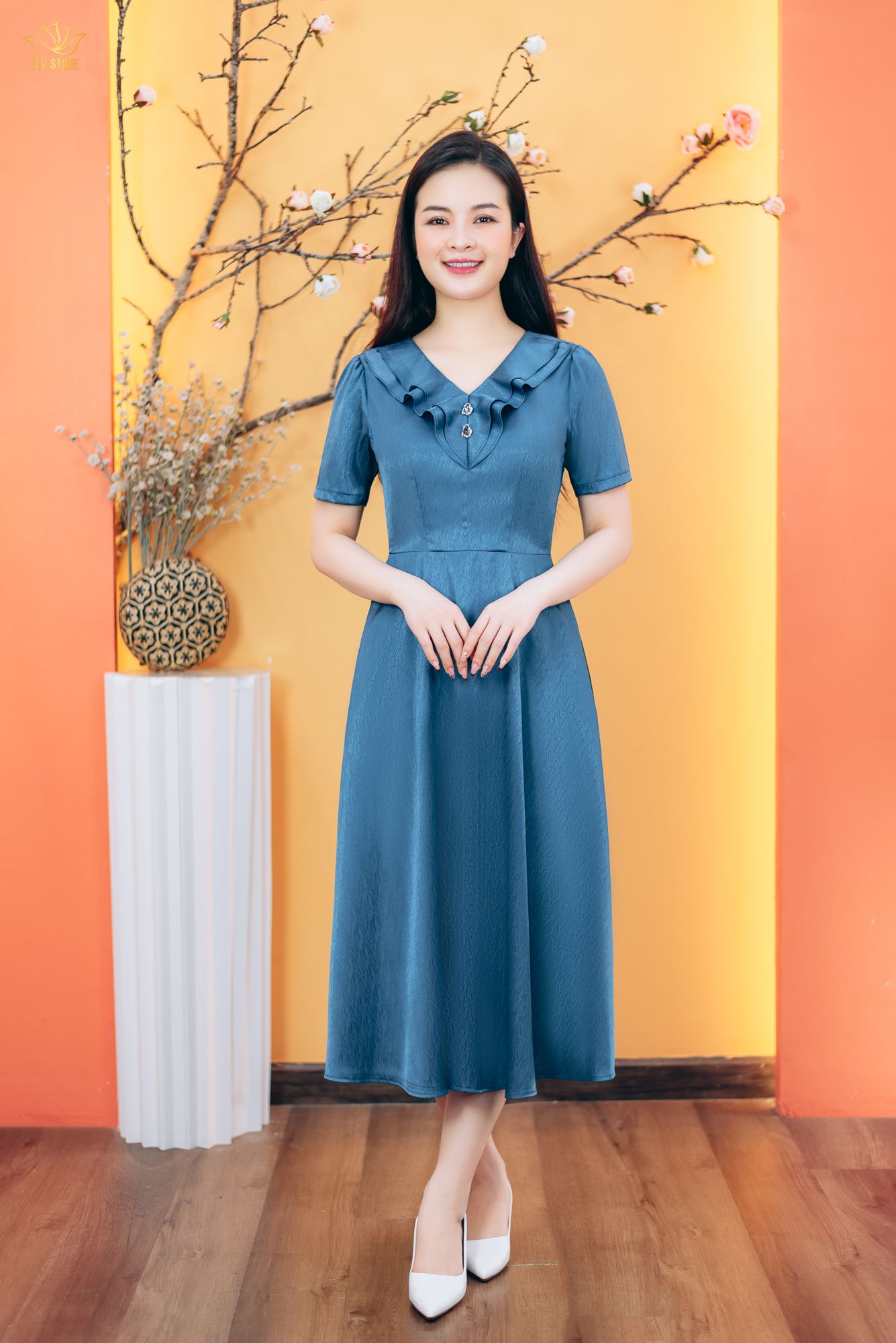 Đầm xòe - Cổ tim bèo kết nút tay ngắn - CV - Xanh - TTV1823