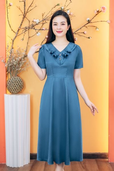 Đầm xòe - Cổ tim bèo kết nút tay ngắn - CV - Xanh - TTV1823