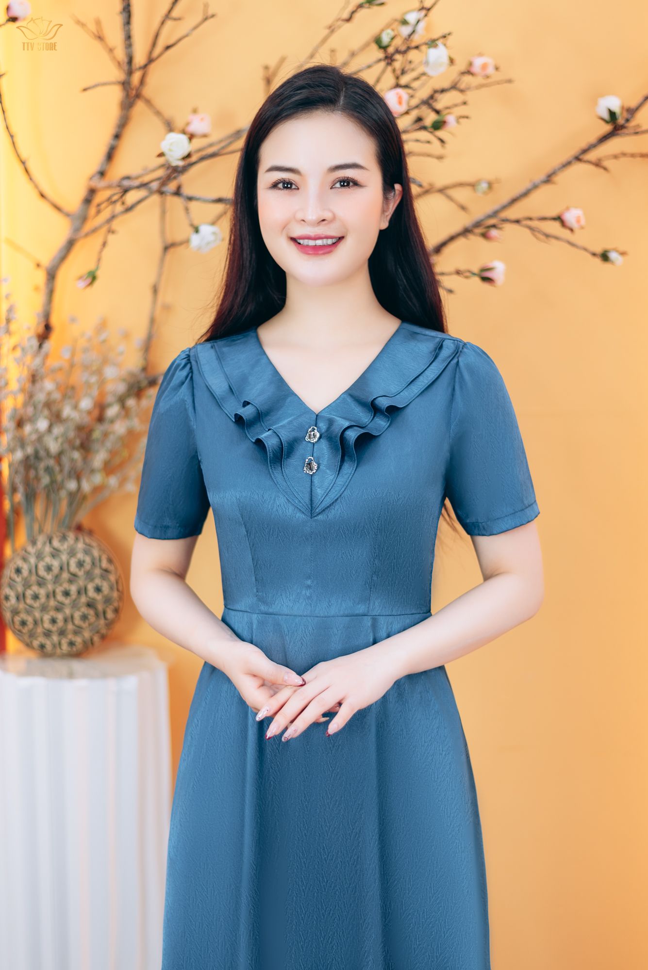 Đầm xòe - Cổ tim bèo kết nút tay ngắn - CV - Xanh - TTV1823