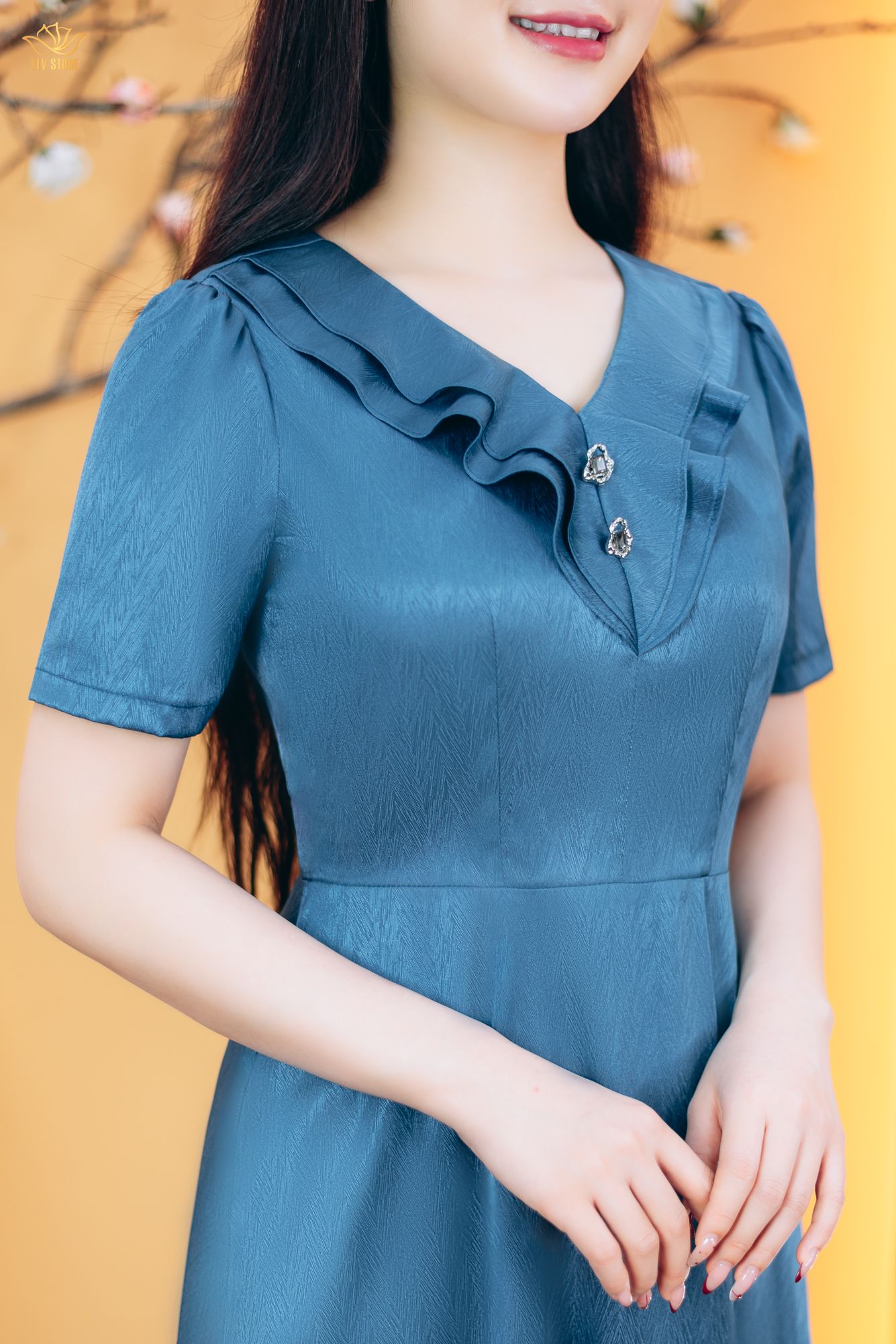 Đầm xòe - Cổ tim bèo kết nút tay ngắn - CV - Xanh - TTV1823