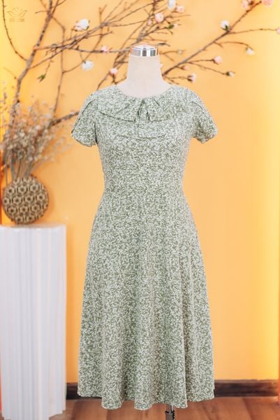 Đầm xòe - Cổ tròn nơ tay ngắn - CT - Xanh hoa nhí - TTV1819