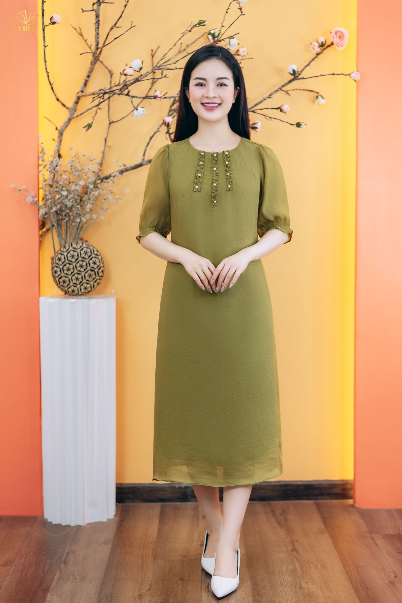 Đầm suông - Cổ tròn nhúng bèo kết ngọc tay lỡ - CV - Xanh bơ - TTV1847