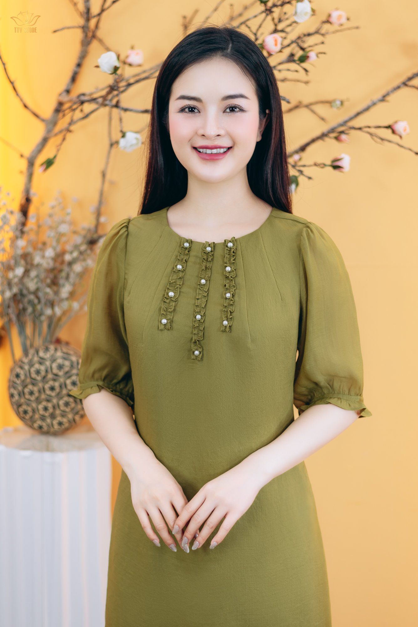 Đầm suông - Cổ tròn nhúng bèo kết ngọc tay lỡ - CV - Xanh bơ - TTV1847