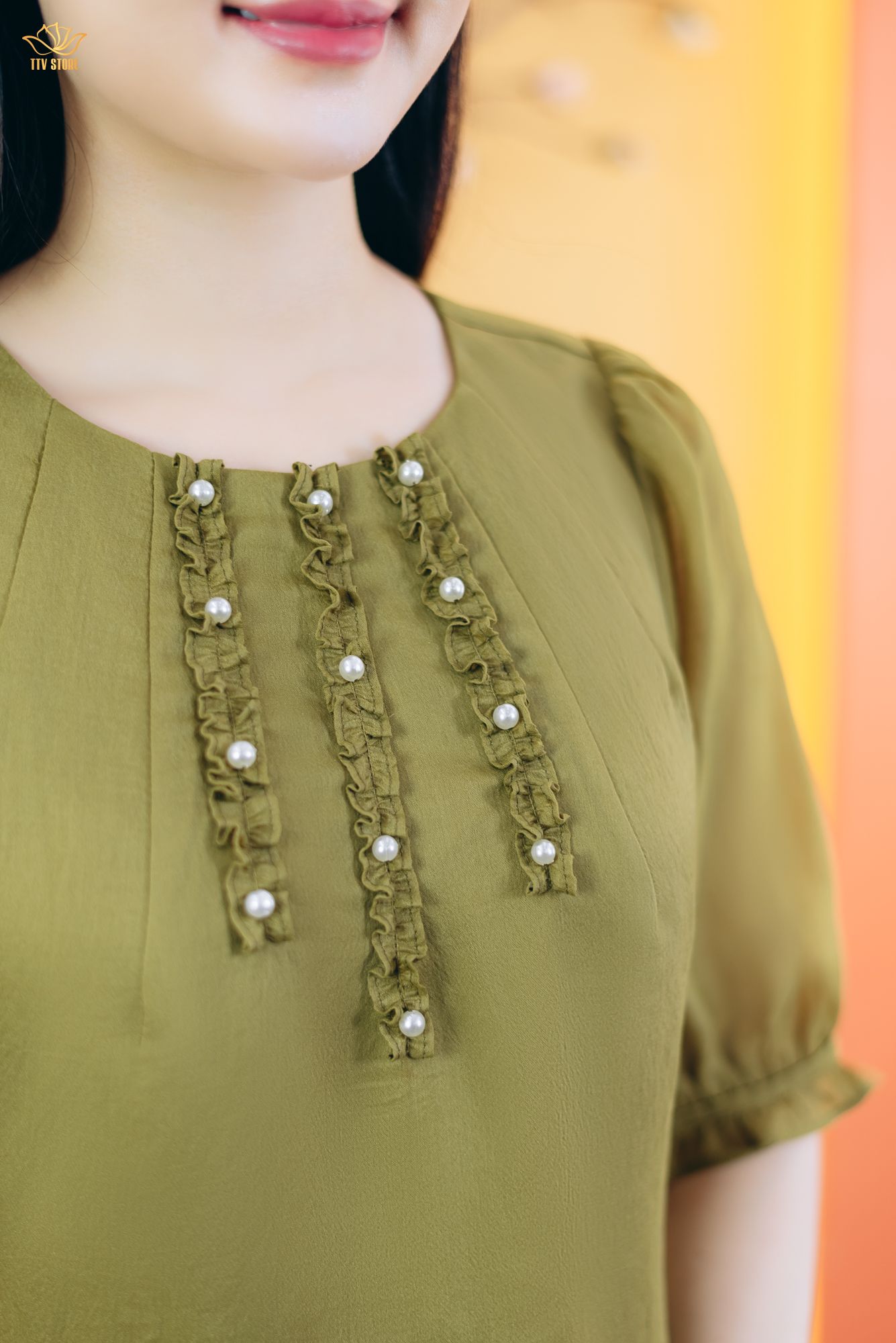 Đầm suông - Cổ tròn nhúng bèo kết ngọc tay lỡ - CV - Xanh bơ - TTV1847