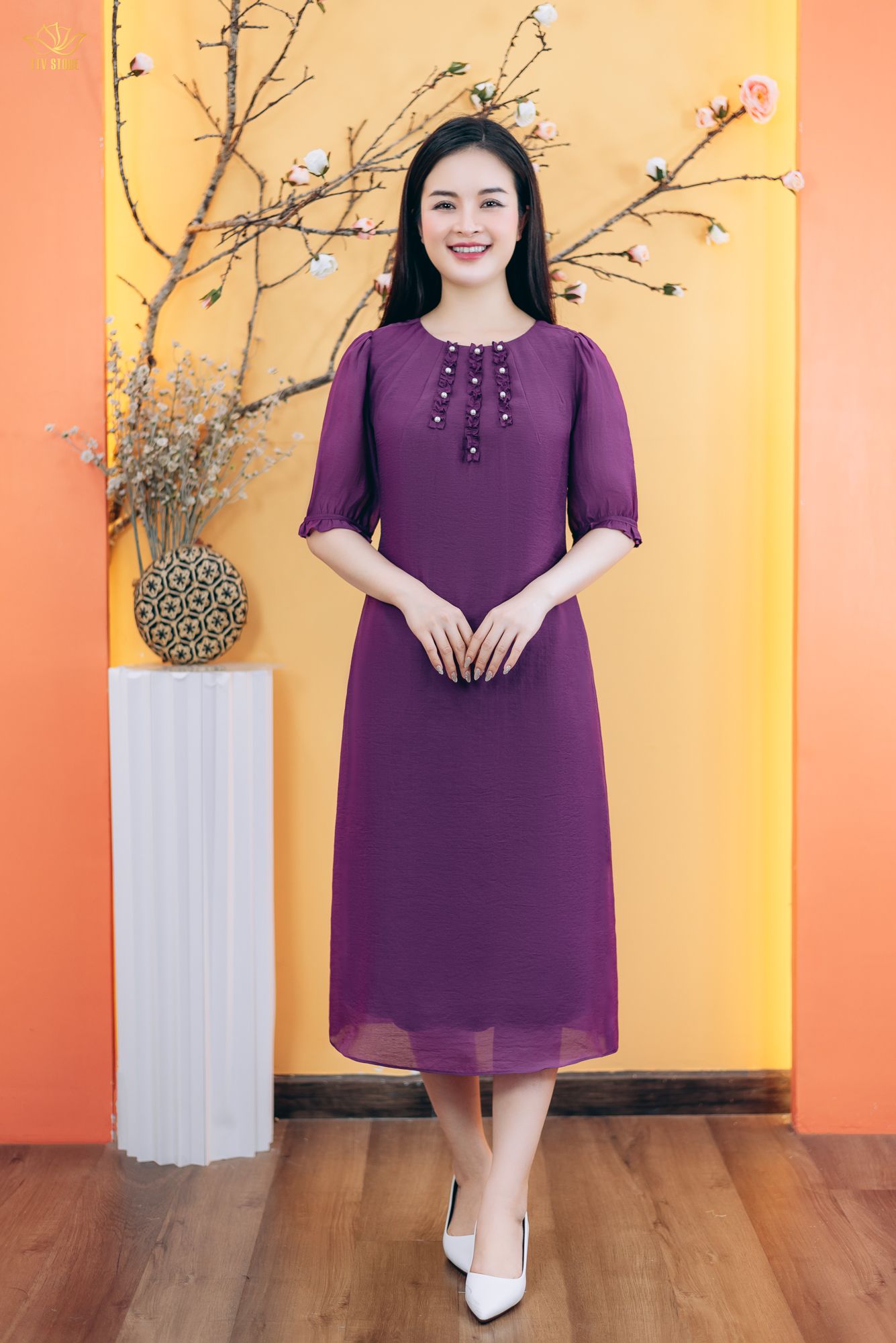 Đầm suông - Cổ tròn nhúng bèo kết ngọc tay lỡ - CV - Tím - TTV1847