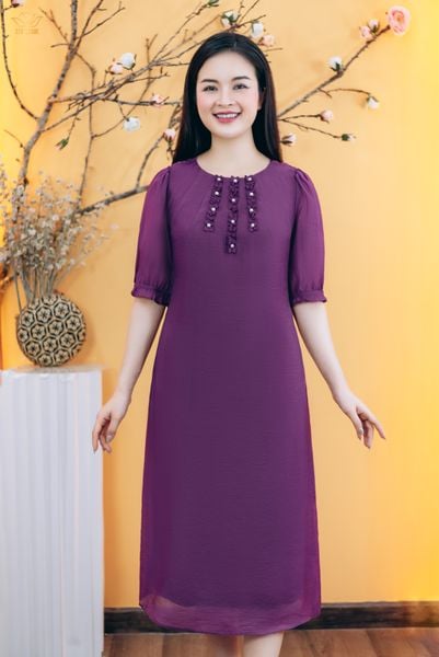 Đầm suông - Cổ tròn nhúng bèo kết ngọc tay lỡ - CV - Tím - TTV1847