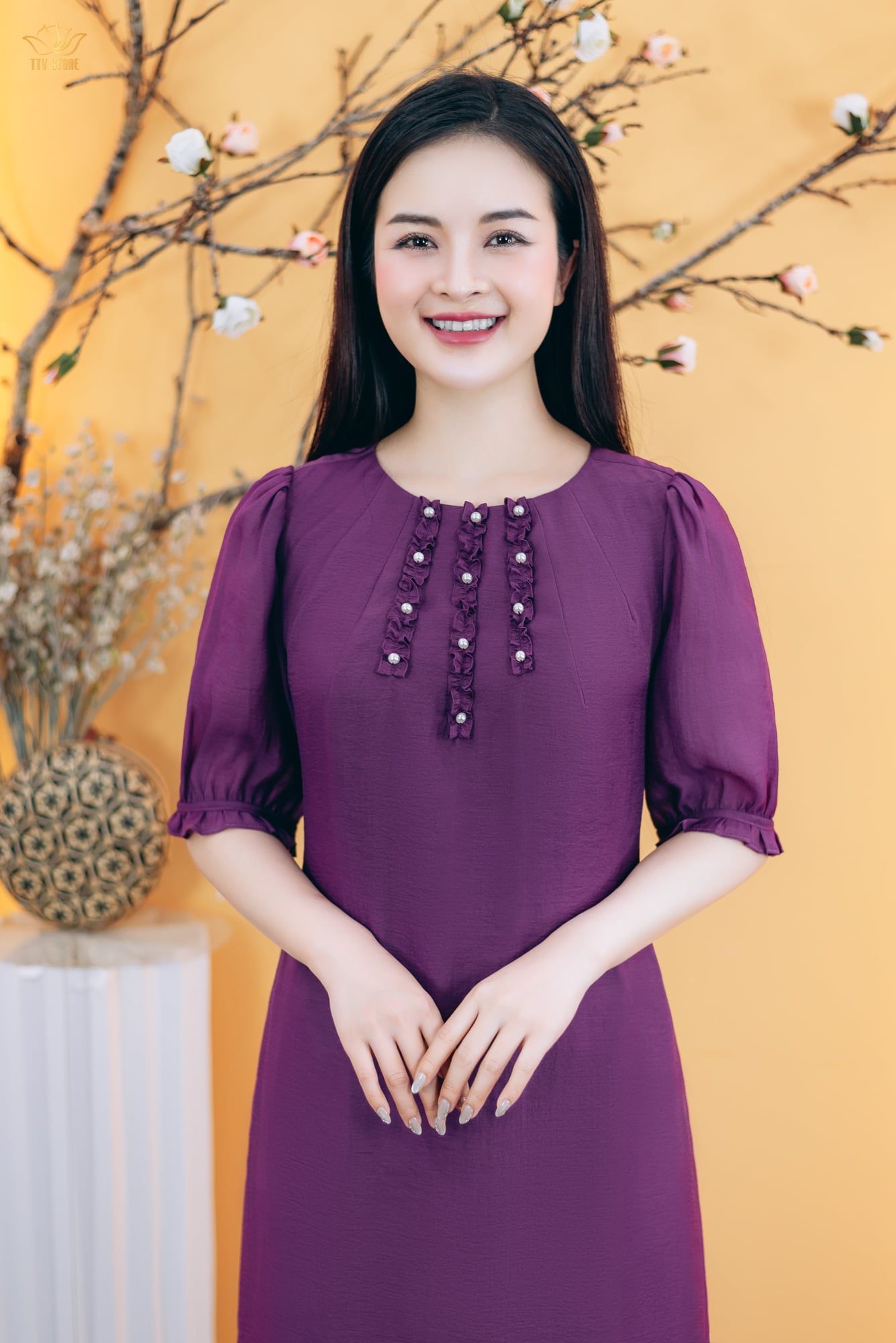 Đầm suông - Cổ tròn nhúng bèo kết ngọc tay lỡ - CV - Tím - TTV1847