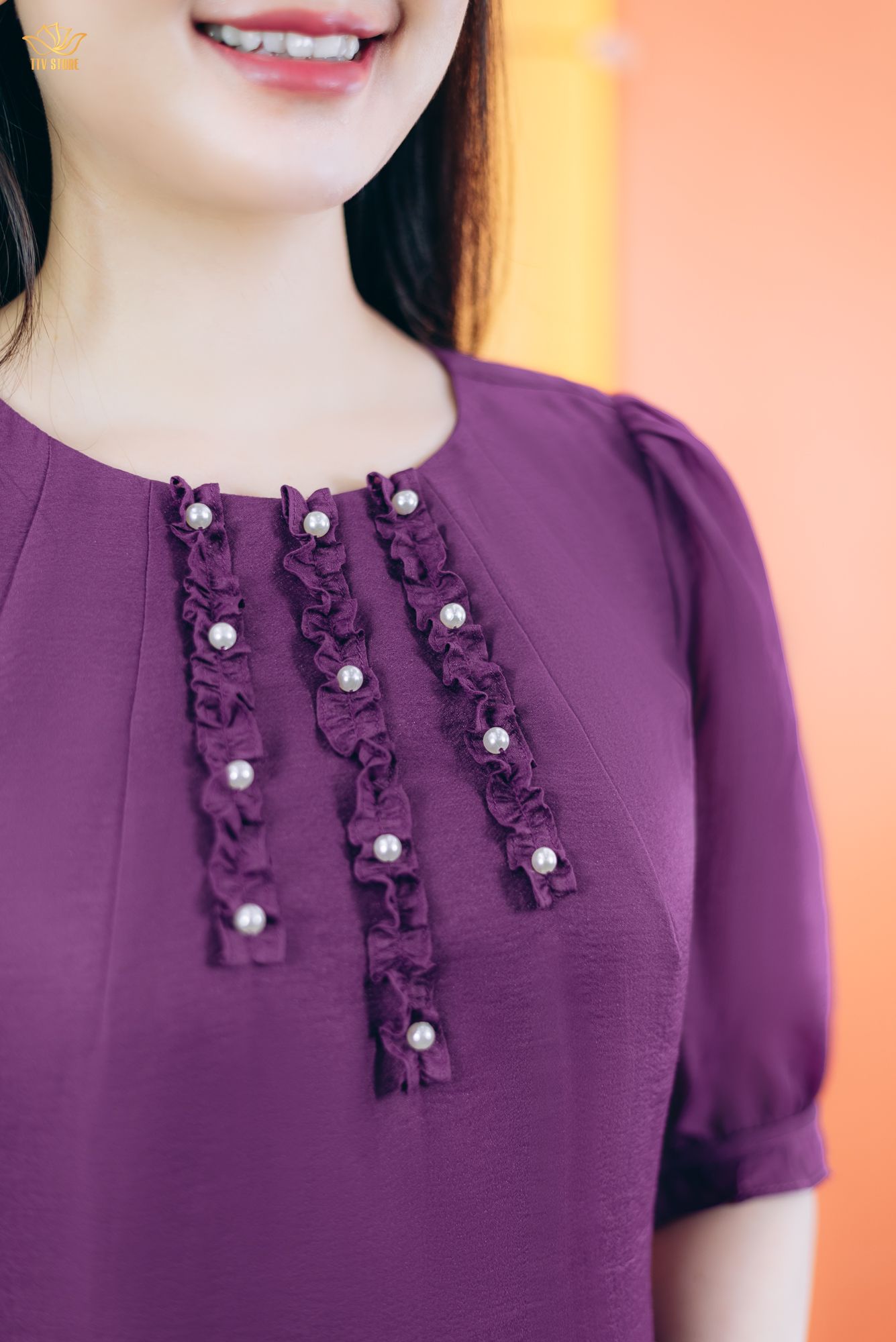 Đầm suông - Cổ tròn nhúng bèo kết ngọc tay lỡ - CV - Tím - TTV1847