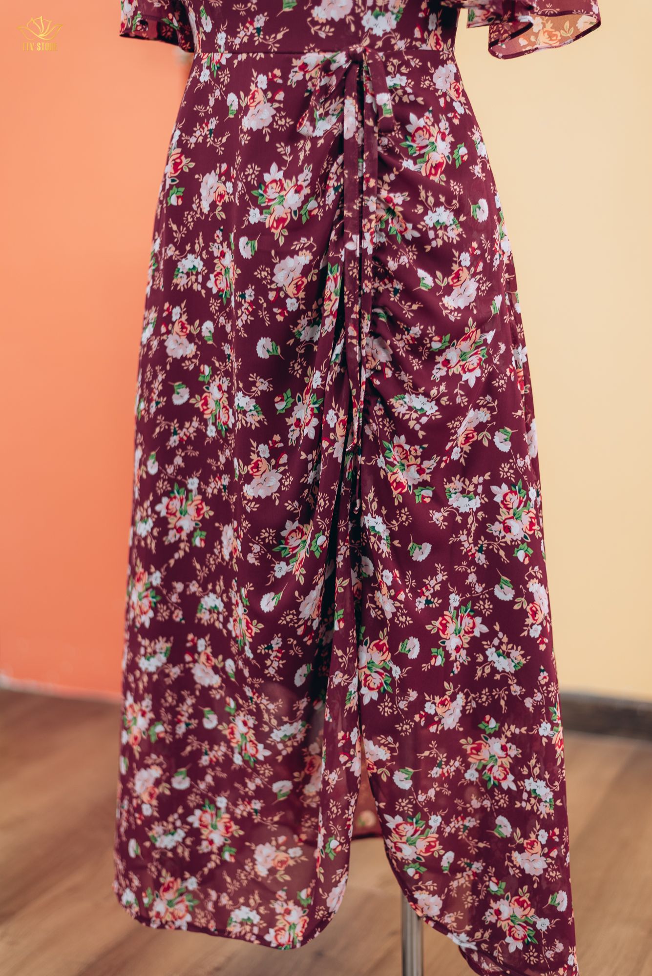 Đầm xòe rút dây - Cổ tim tay loe - CV - Đỏ hoa - TTV1839