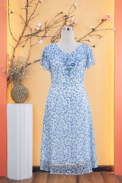 Đầm form A - Cổ tim bèo tay ngắn - AH - Xanh hoa - TTV1832