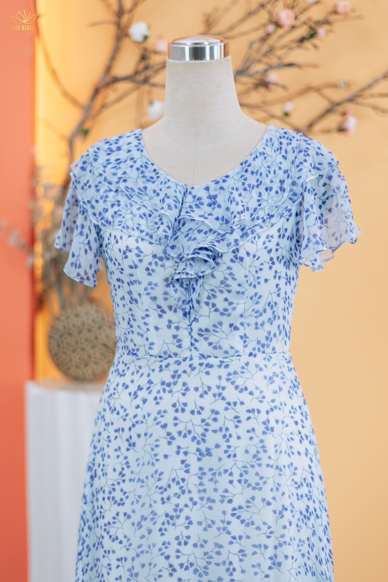 Đầm form A - Cổ tim bèo tay ngắn - AH - Xanh hoa - TTV1832