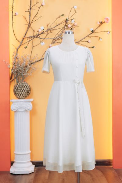 Đầm xòe - Cổ tròn kết nút thắt nơ tay ngắn - CD - Trắng kem - TTV1844