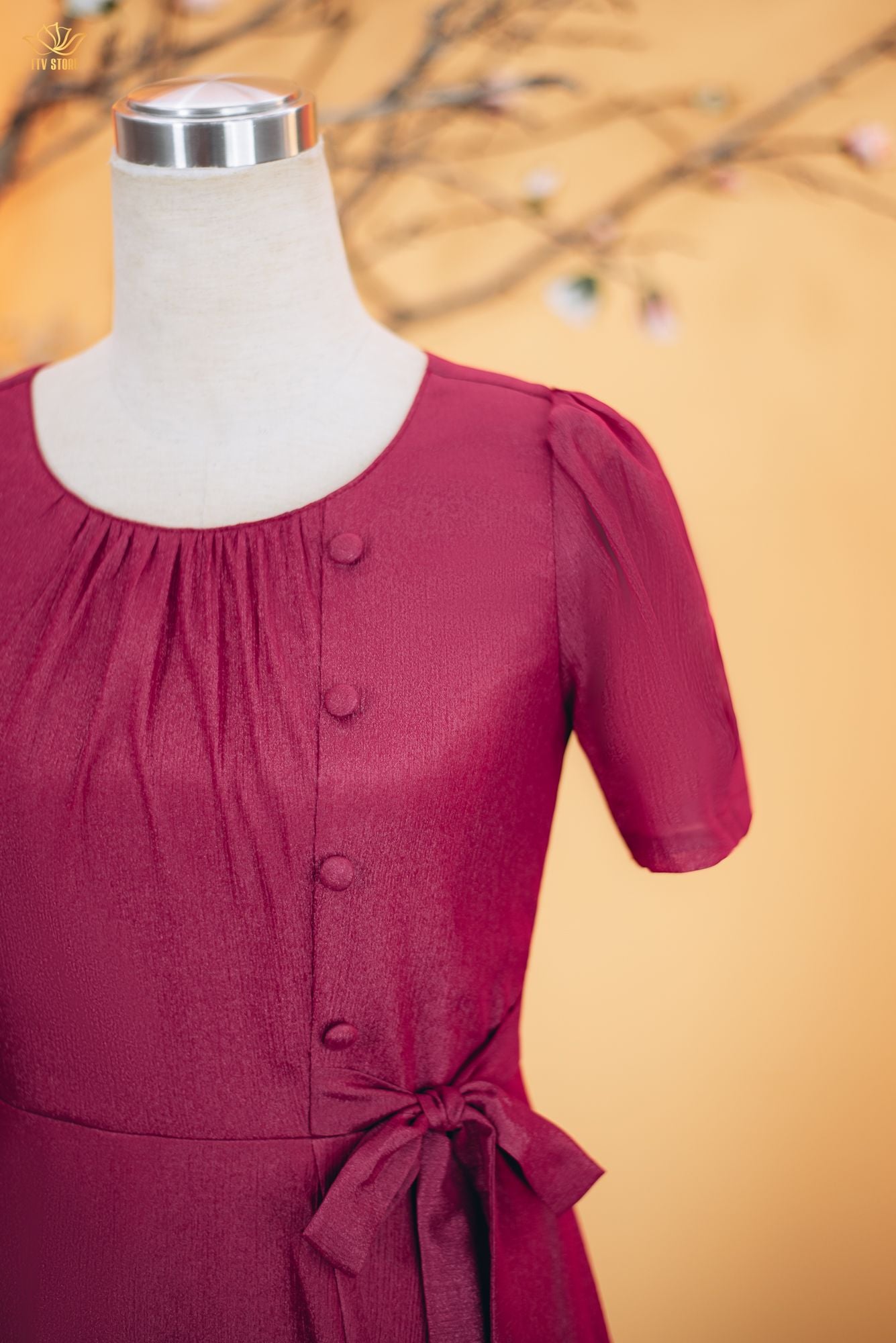 Đầm xòe - Cổ tròn kết nút thắt nơ tay ngắn - CD - Đỏ đô - TTV1844