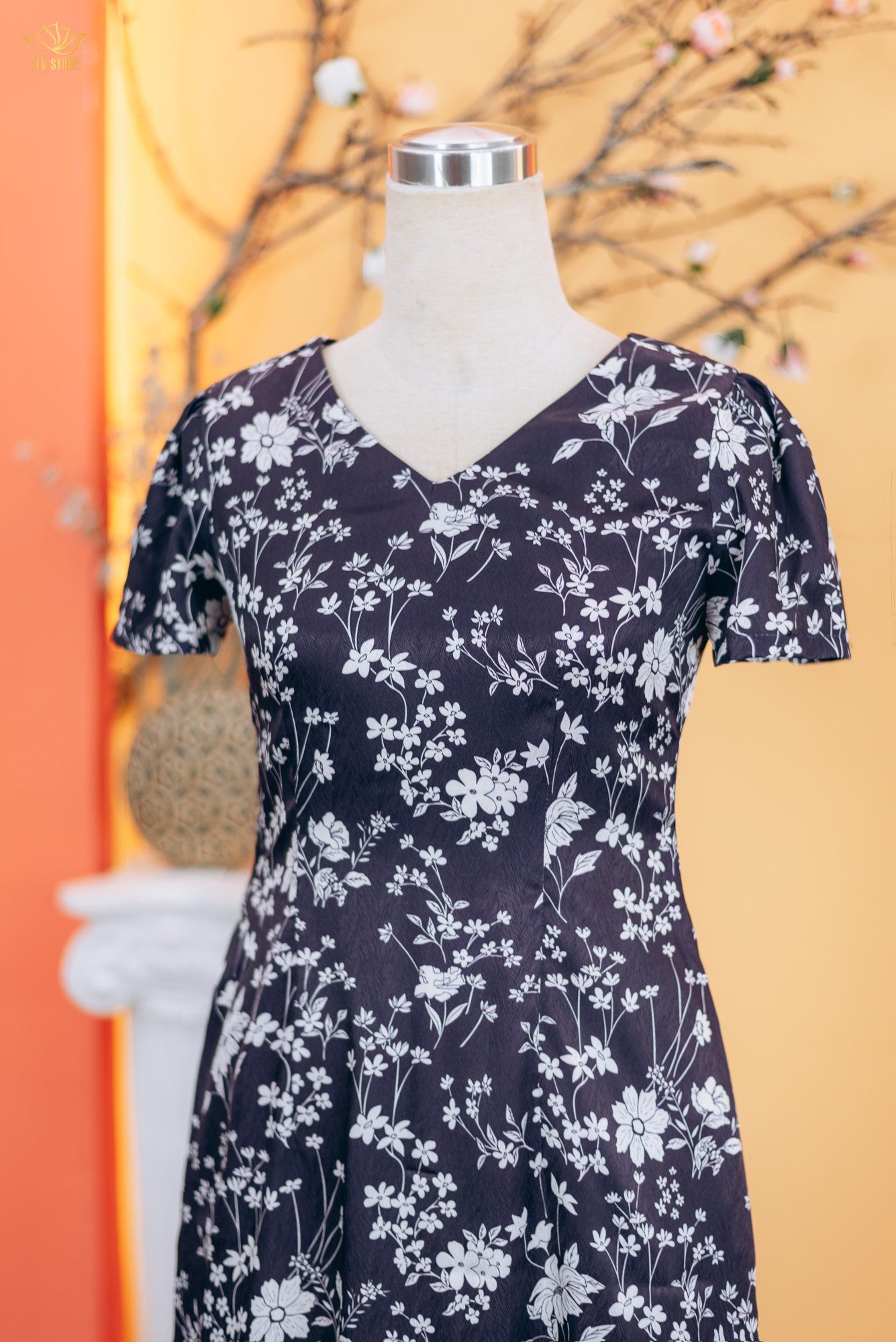 Đầm xòe A - Cổ tim tay ngắn - CT - Tím than hoa - TTV1841