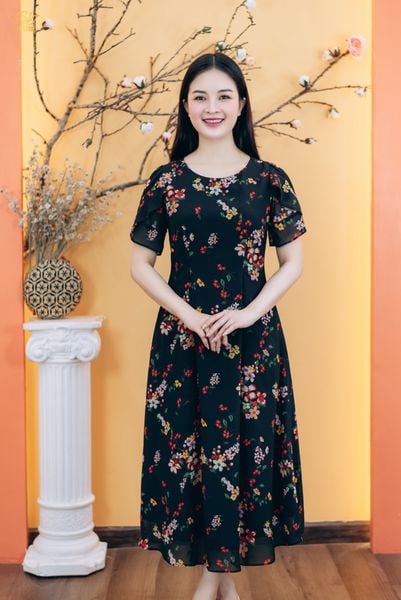 Đầm suông xòe - Cổ tròn tay cánh hồng - CD - Đen hoa - TTV1836