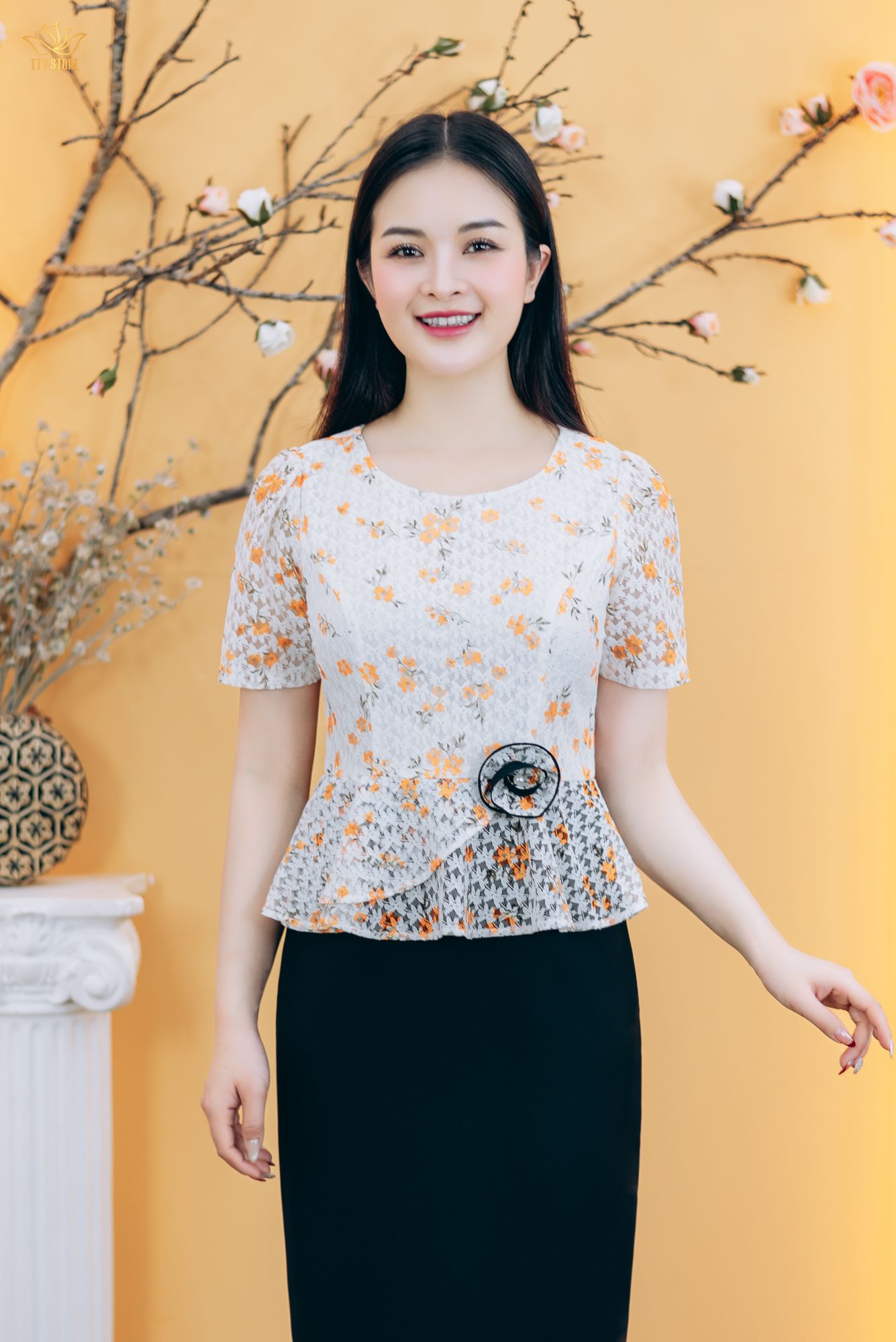 Đầm body - Cổ tròn tay ngắn - CD - Trắng hoa cam - TTV1851#